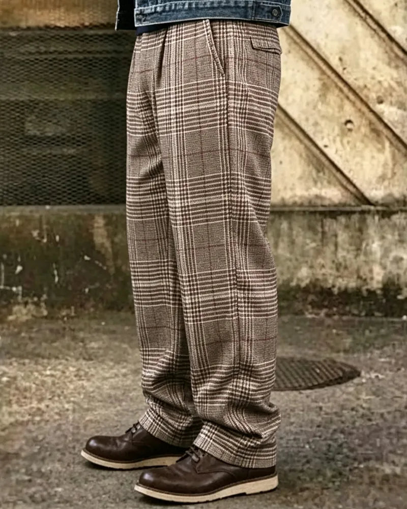 Vintage Brown Windowpane Plaid Wide©\Leg Trousers