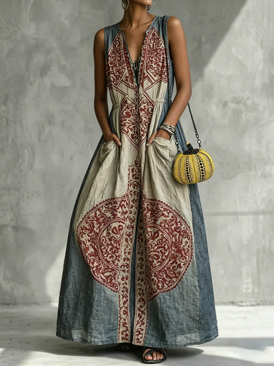 Women's Vintage V-neck Sleeveless Casual Loose Cotton-linen Dress With Placement Print