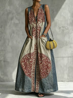 Women's Vintage V-neck Sleeveless Casual Loose Cotton-linen Dress With Placement Print