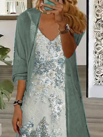 Nextmacys-Women's Long Sleeve V-neck Floral Printed Two Pieces Maxi Dress