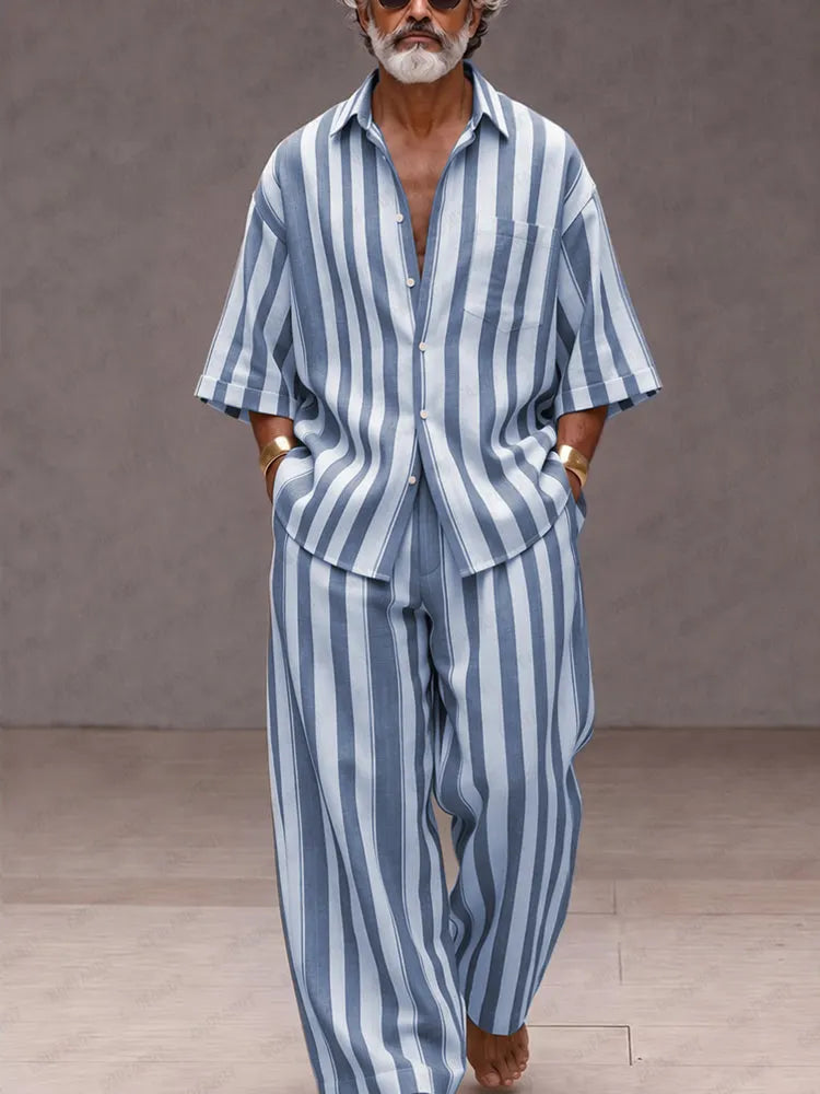 Versatile Loose Fit Wide Striped Shirt Pants Set