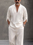 Minimalist Urban 100% Cotton V-Neck Top Pants Set