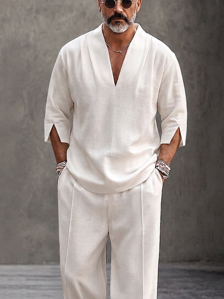 Minimalist Urban 100% Cotton V-Neck Top Pants Set