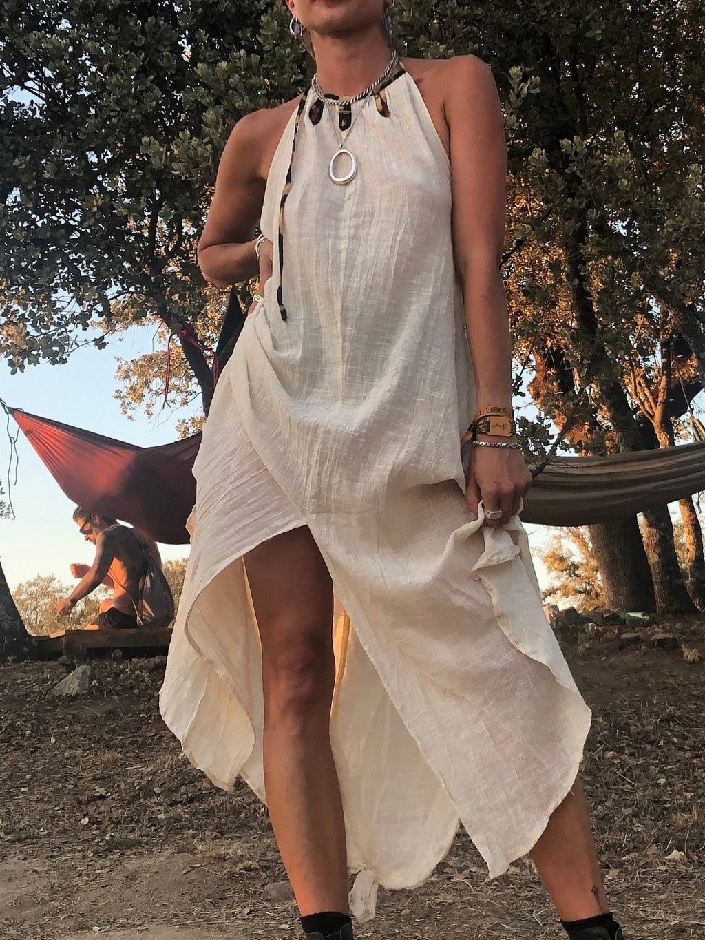 Natural cotton backless dress Gypsy dress Leopard trim halterneck dress