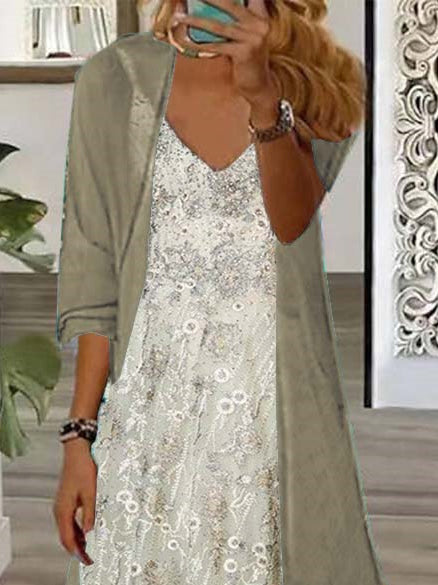 Women's Long Sleeve V-neck Graphic Printed Two Pieces Maxi Dress