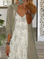 Women's Long Sleeve V-neck Graphic Printed Two Pieces Maxi Dress