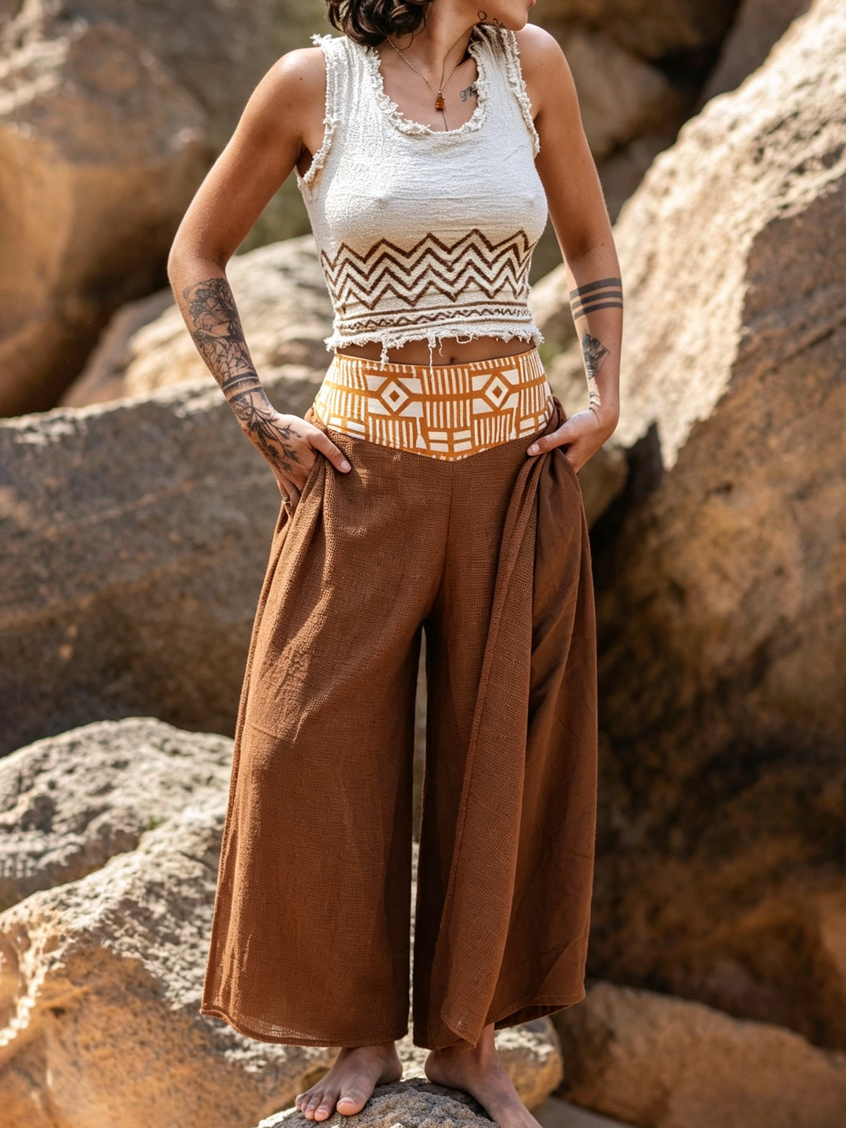 Wide Leg Boho Pants Unisex | Ethnic Cotton Pants Tribal Waistband | Layered Mesh Overlay Trousers