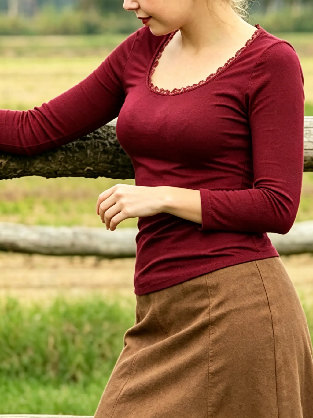 Wide Round Neck Ribbed Slim-Fit Long Sleeve Top