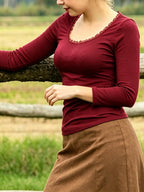 Wide Round Neck Ribbed Slim-Fit Long Sleeve Top