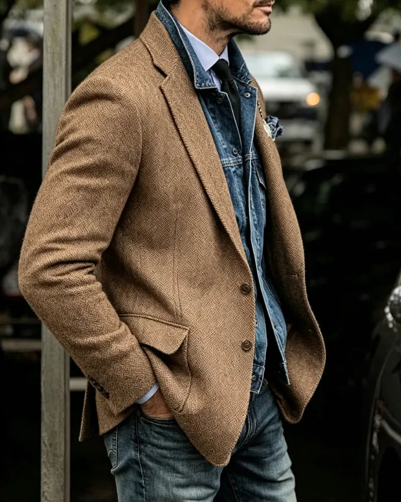 Retro Brown Herringbone Single-breasted Casual Blazer