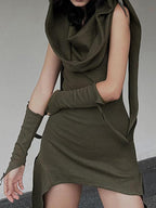 Cowl Neck Asymmetric Swallowtail Hem Knit Skirt Set with Arm Sleeves