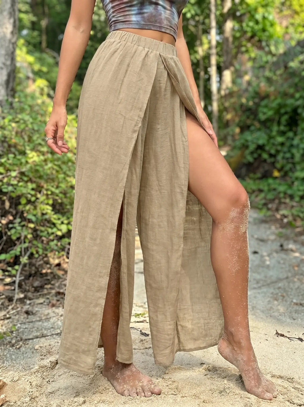 Wrap-Style Wide Leg Pants with Side Slit ¨C Cotton Linen Blend
