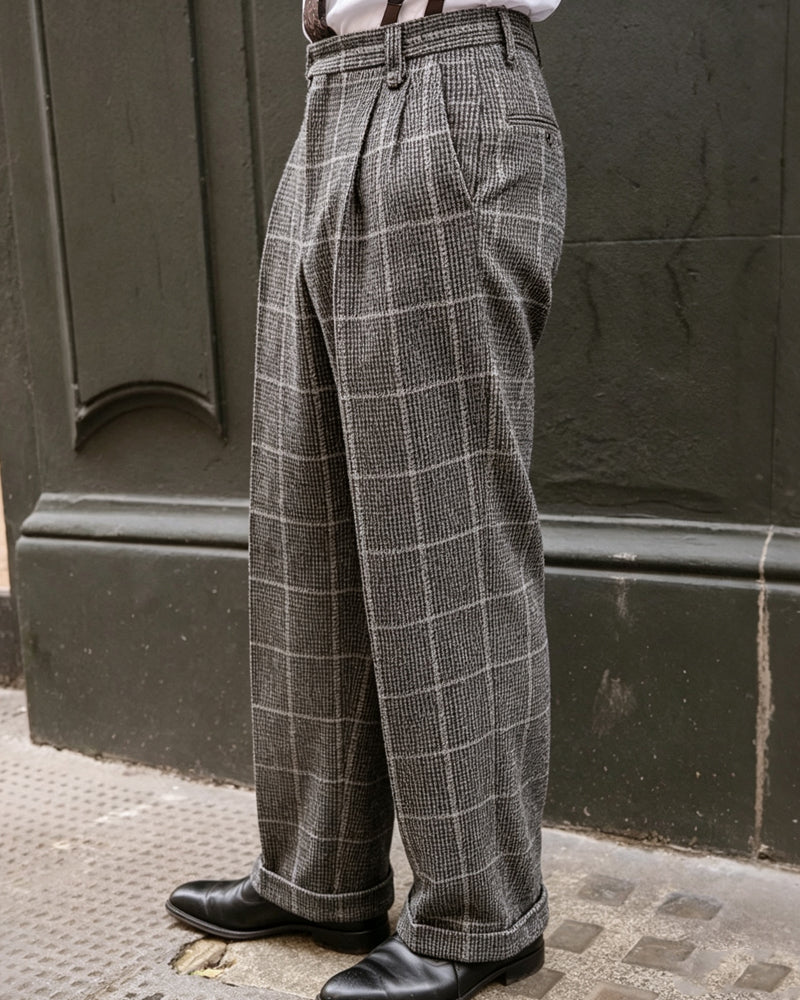 Vintage Gray Windowpane©\Check High©\Waist Trousers