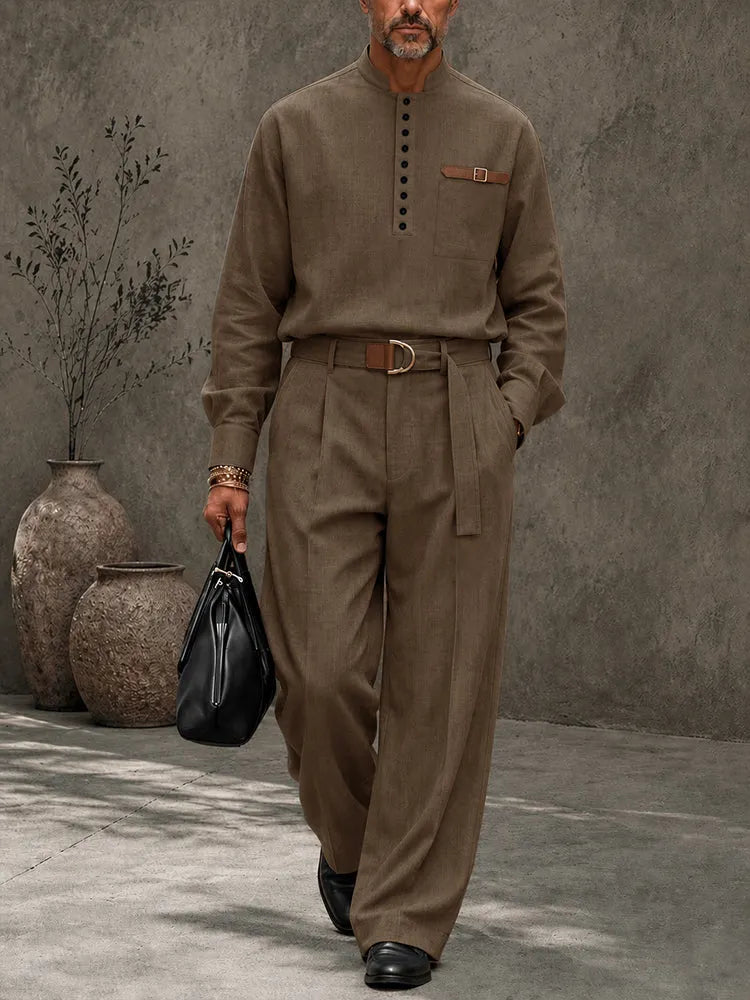Modern Retro Half-Button Suit Shirt Pants Set
