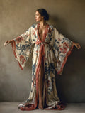 Women's Beige Floral Print Chiffon Kimono-Style Robe (with Belt)