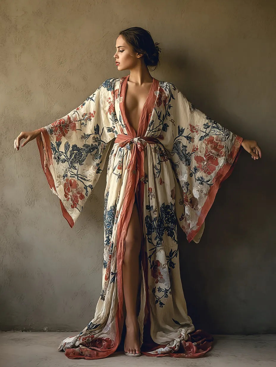 Women's Beige Floral Print Chiffon Kimono-Style Robe (with Belt)
