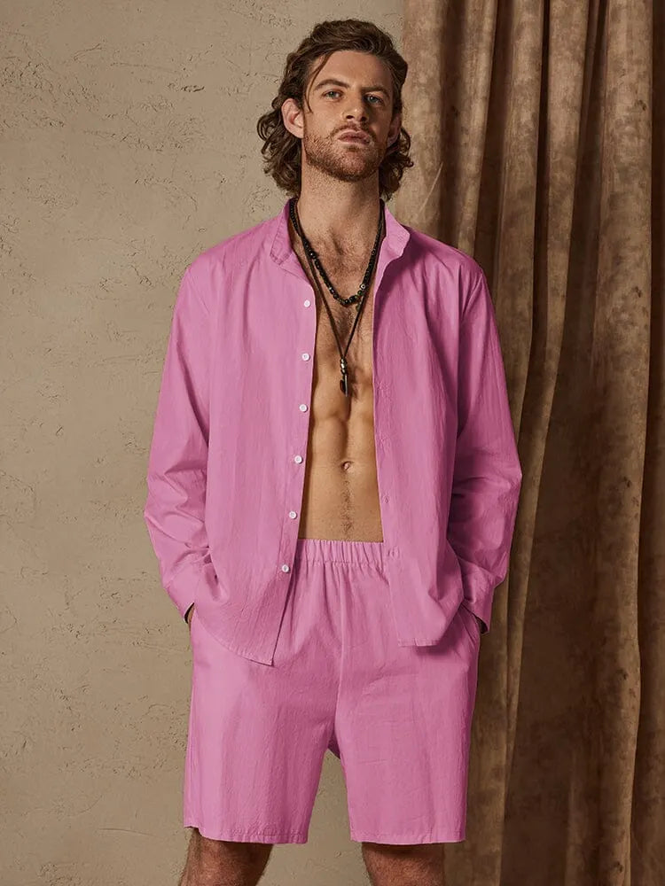 Casual Solid Color Cotton Linen Beach Shirt Set