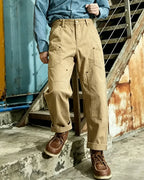 Vintage Herringbone Twill Riveted Double Knee Straight Cargo Pants