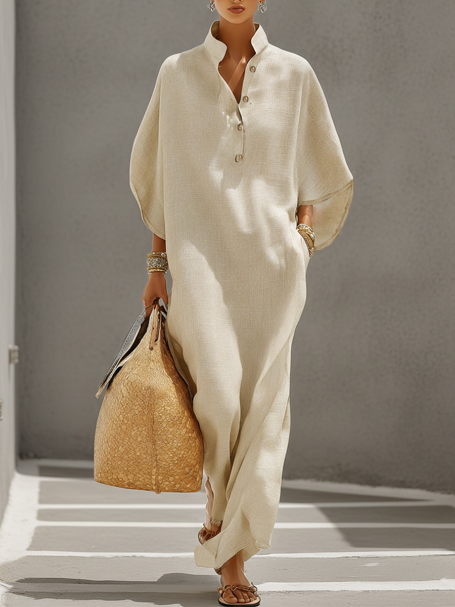 Mandarin Collar Linen Maxi Dress