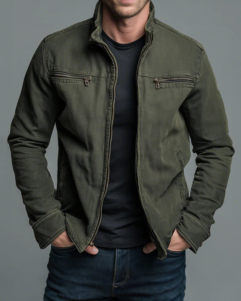 Retro Casual Washed Cotton Zip-up Stand Collar Jacket