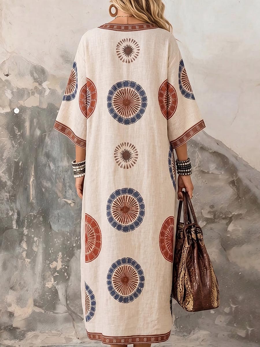 Women's Retro Geometric Print V-neck 3/4-sleeve Casual Loose Cotton-linen Dress