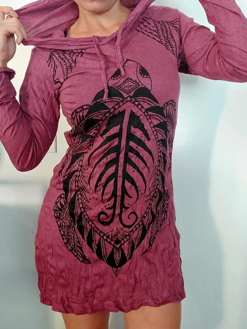 Cotton Longsleeve Tunic Dress: Turtle Logo Boho Beach Cover-up