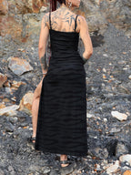 Stripe Maxi Dress, Adjustable Spaghetti Straps, Thigh Slits