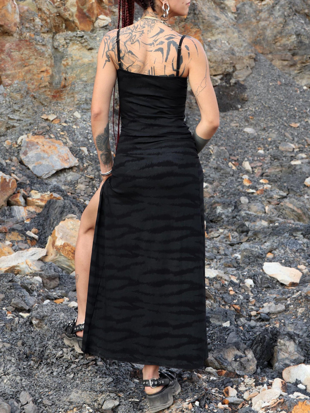 Stripe Maxi Dress, Adjustable Spaghetti Straps, Thigh Slits