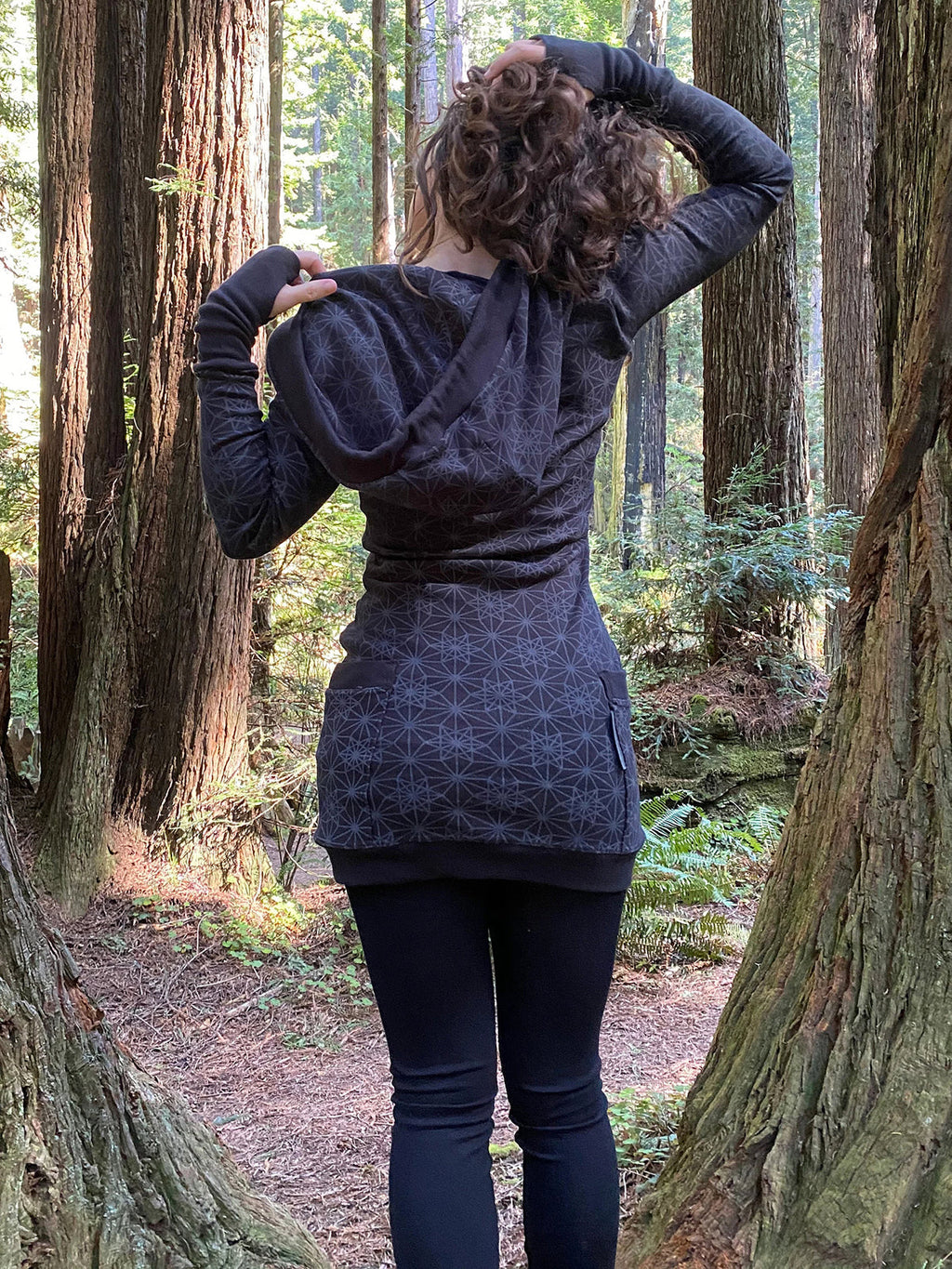Fitted Sacred Geometry Cowl Hood Long Sleeve Mini Dress with Pockets and Thumbhole Cuffs