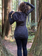 Fitted Sacred Geometry Cowl Hood Long Sleeve Mini Dress with Pockets and Thumbhole Cuffs