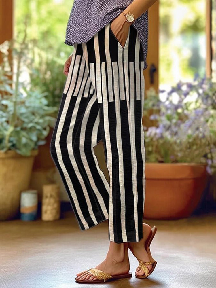 Vintage Black And White Stripes Linen Loose Cozy Pants