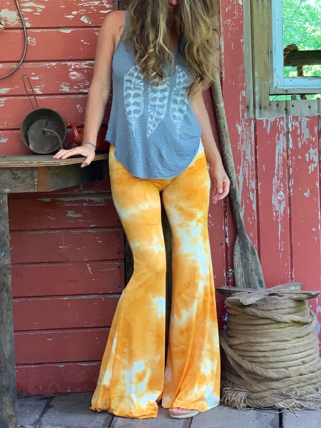 Asymmetric Tank Top with Hand-Painted Feather Pattern