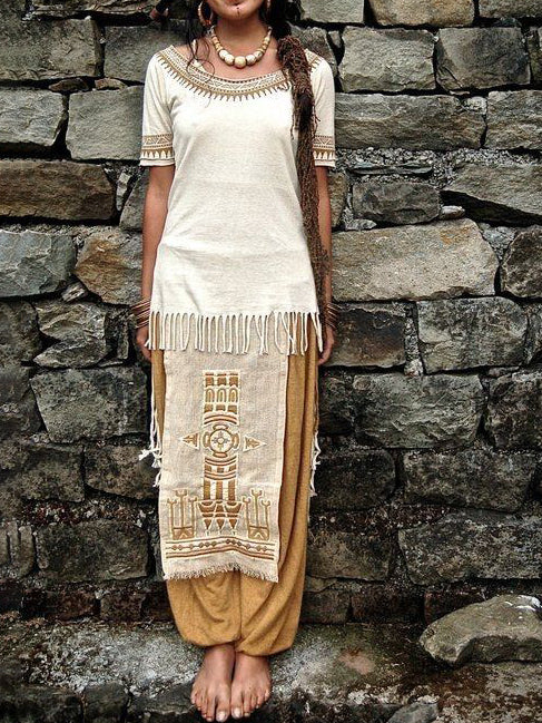 Fringed Midi Top with Bohemian Ethnic Print ¨C Longline Style