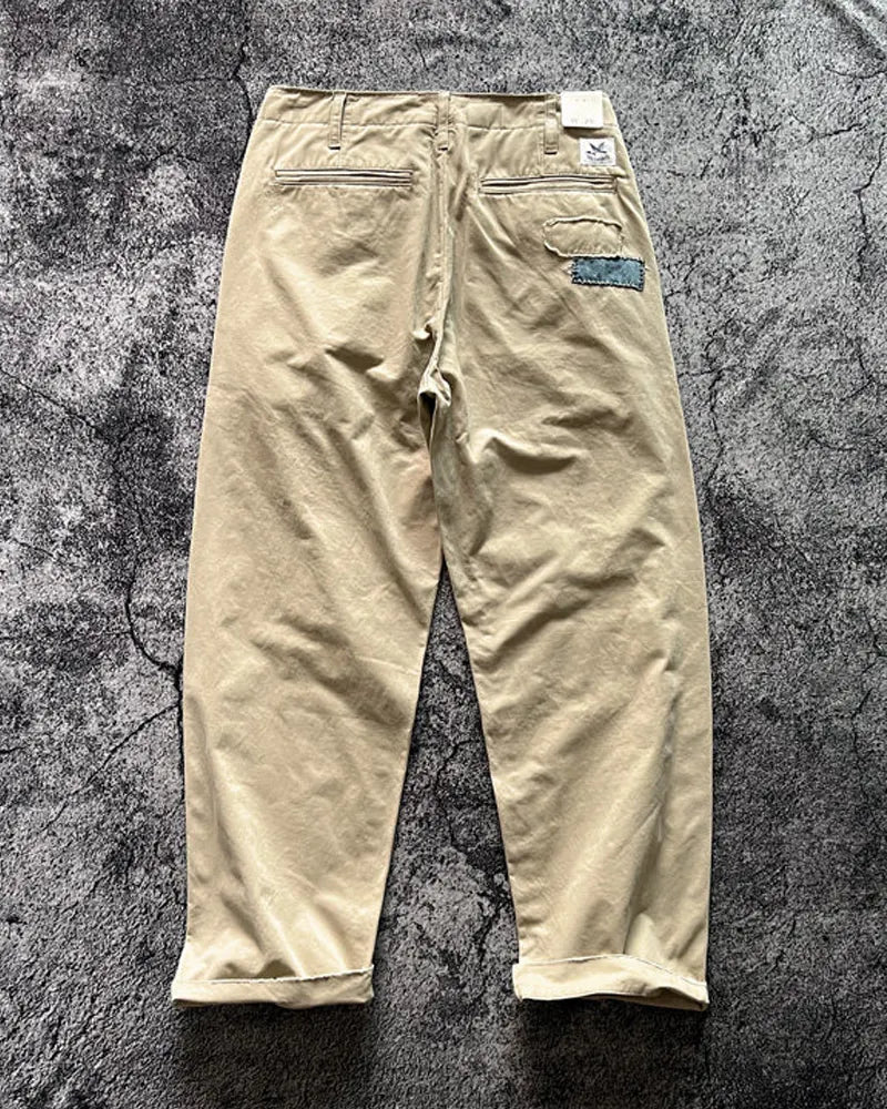 Vintage Khaki Distressed Patchwork Twill Loose Straight Leg Trousers