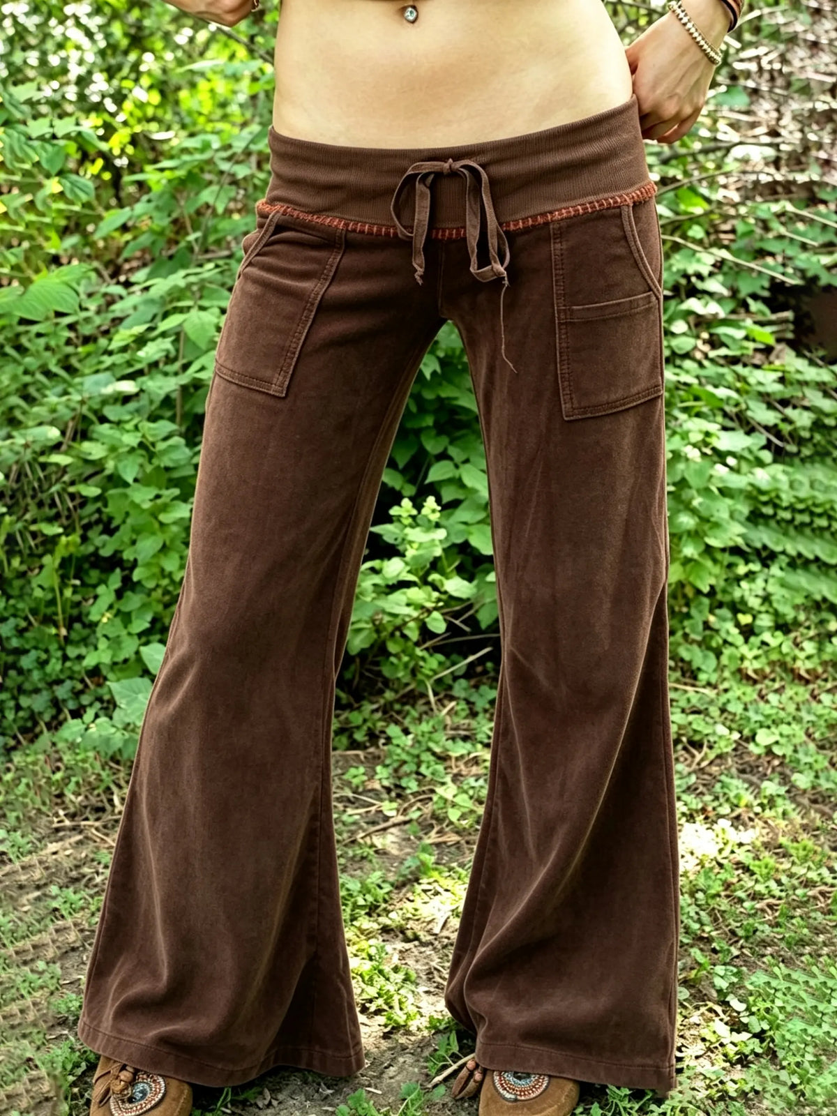 Vintage Drawstring Waist Micro-Flare Casual Pants