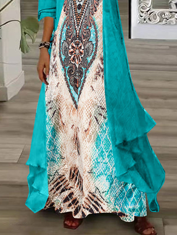 Nextmacys-Women Half Sleeve V-neck Graphic Printed Two-Piece Maxi Dress-Petite Size Available