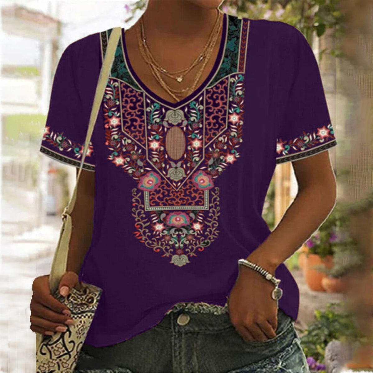 Fashion Pullover V Neck Loose Ethnic Style Printed Short-sleeved T-shirt