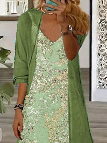 Women's Long Sleeve V-neck Graphic Printed Two Pieces Maxi Dress