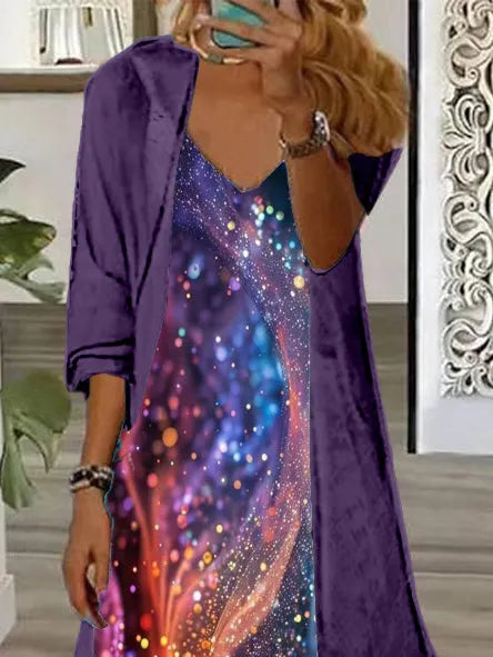 Women's Long Sleeve V-neck Graphic Printed Two Pieces Maxi Dress