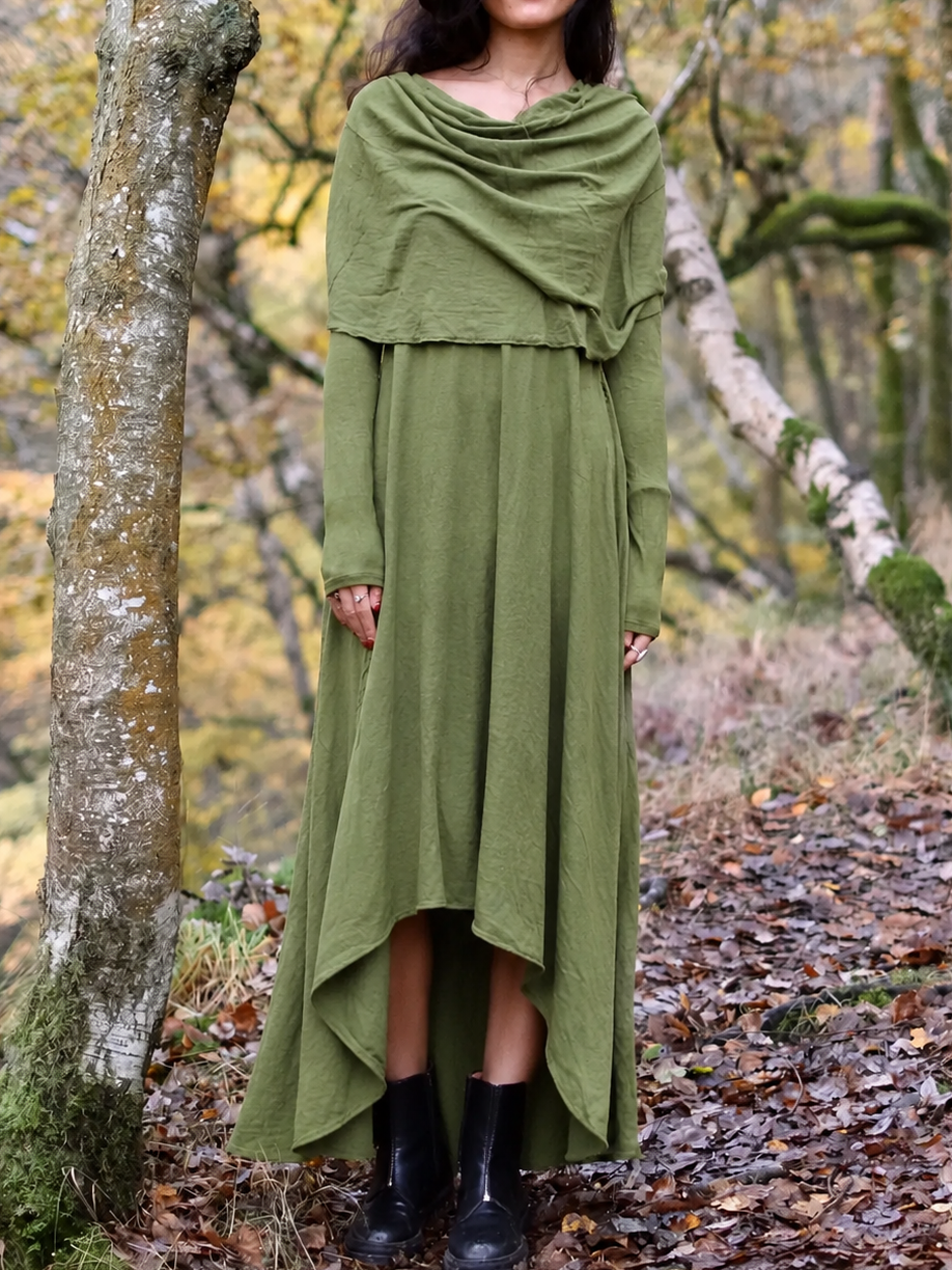 Double-Layer Cowl Neck Asymmetric High-Low Hem Long Sleeve Dress