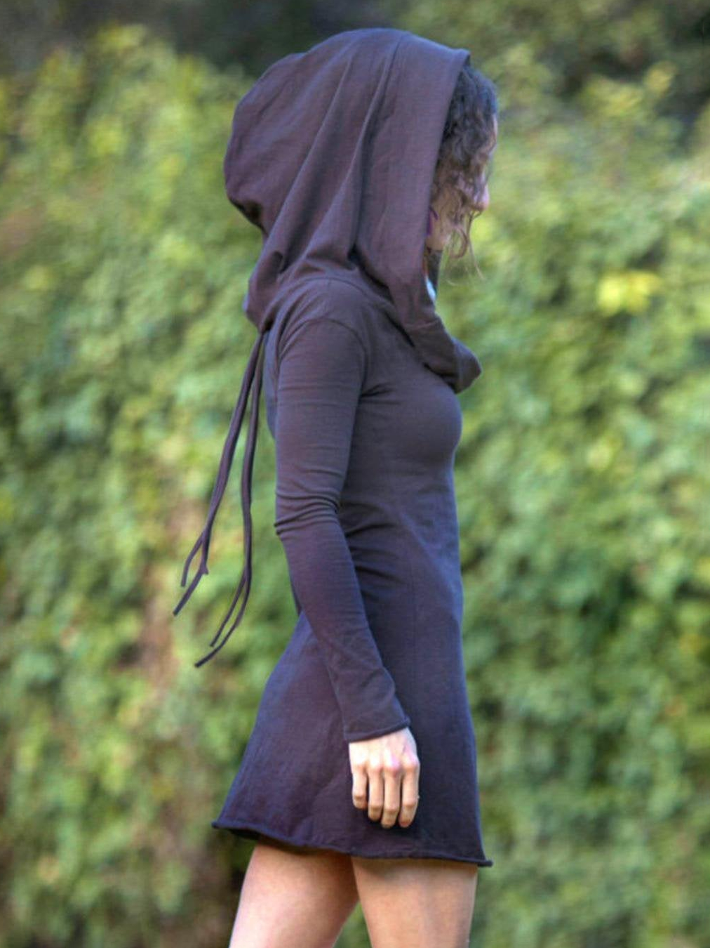 Hooded A-Line Mini Dress with Cowl Neck and Long Sleeves