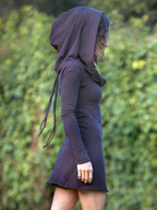 Hooded A-Line Mini Dress with Cowl Neck and Long Sleeves