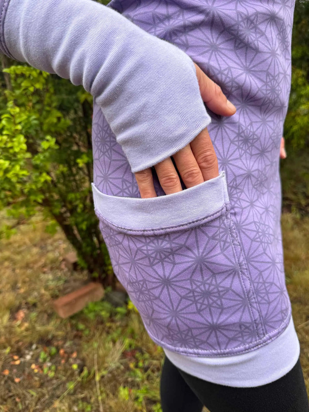 Fitted Sacred Geometry Cowl Hood Long Sleeve Mini Dress with Pockets and Thumbhole Cuffs