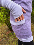 Fitted Sacred Geometry Cowl Hood Long Sleeve Mini Dress with Pockets and Thumbhole Cuffs