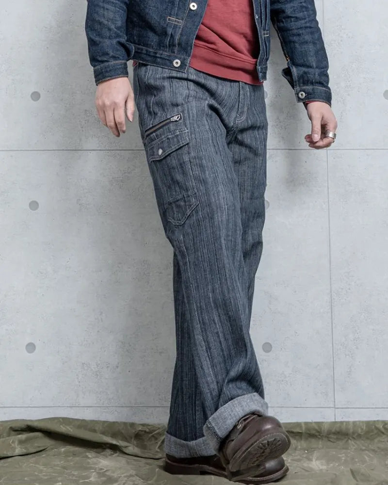 Vintage Striped Textured Denim Cargo Pants