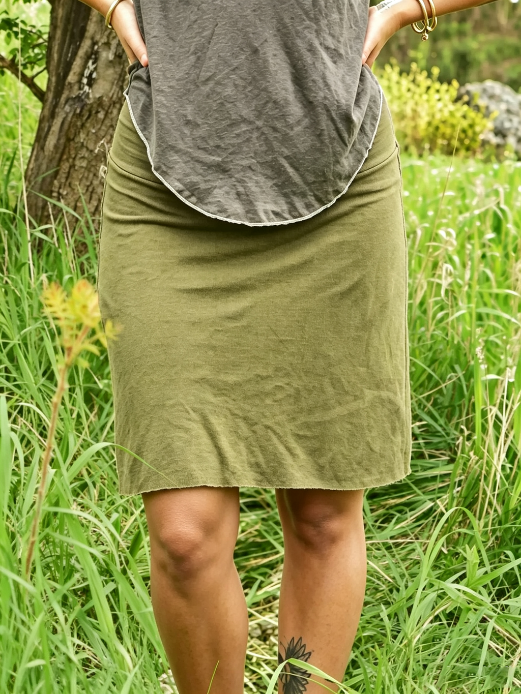 Fold-Over Waist Straight Raw Hem Knit Mini Skirt