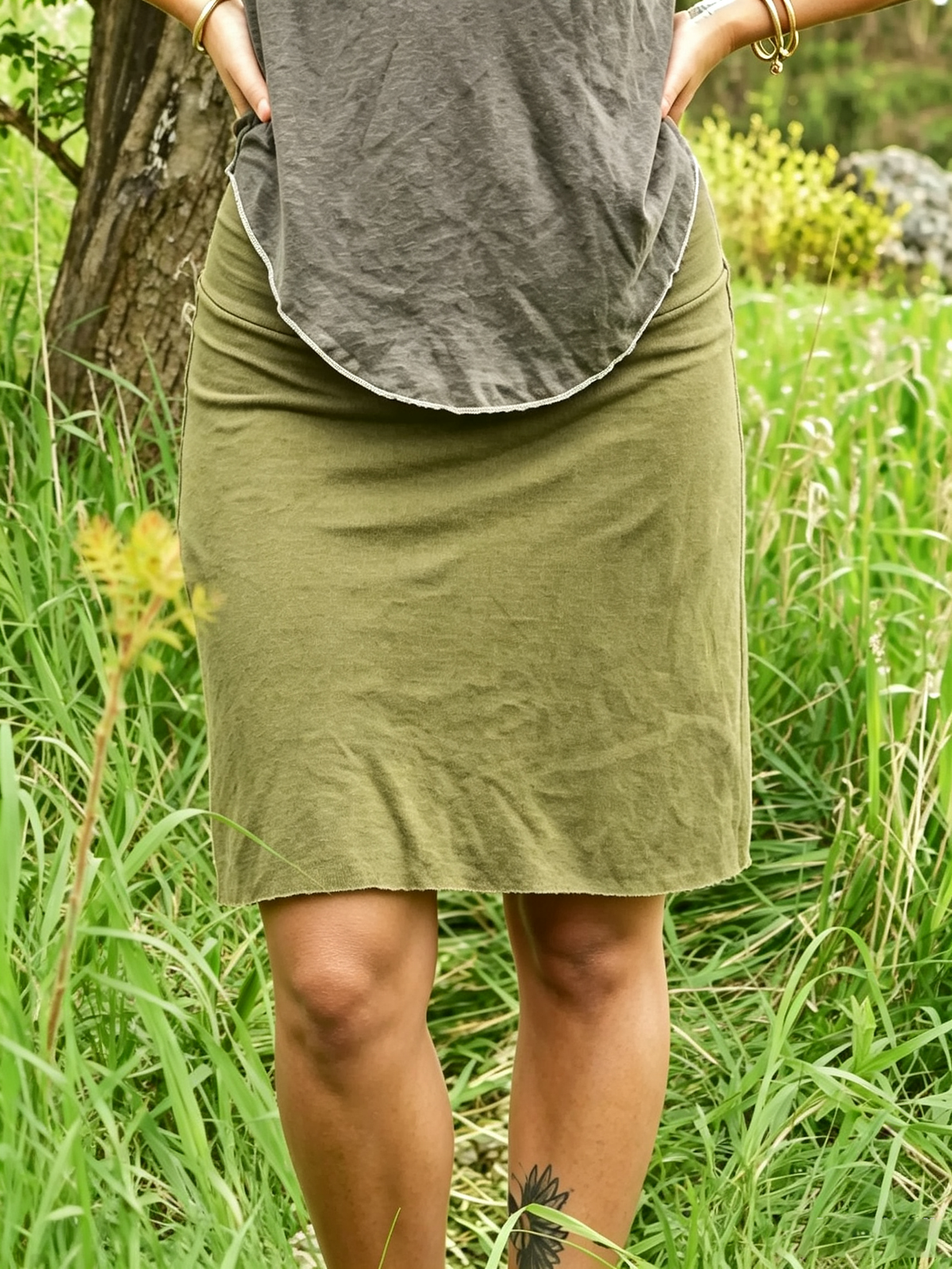 Fold-Over Waist Straight Raw Hem Knit Mini Skirt
