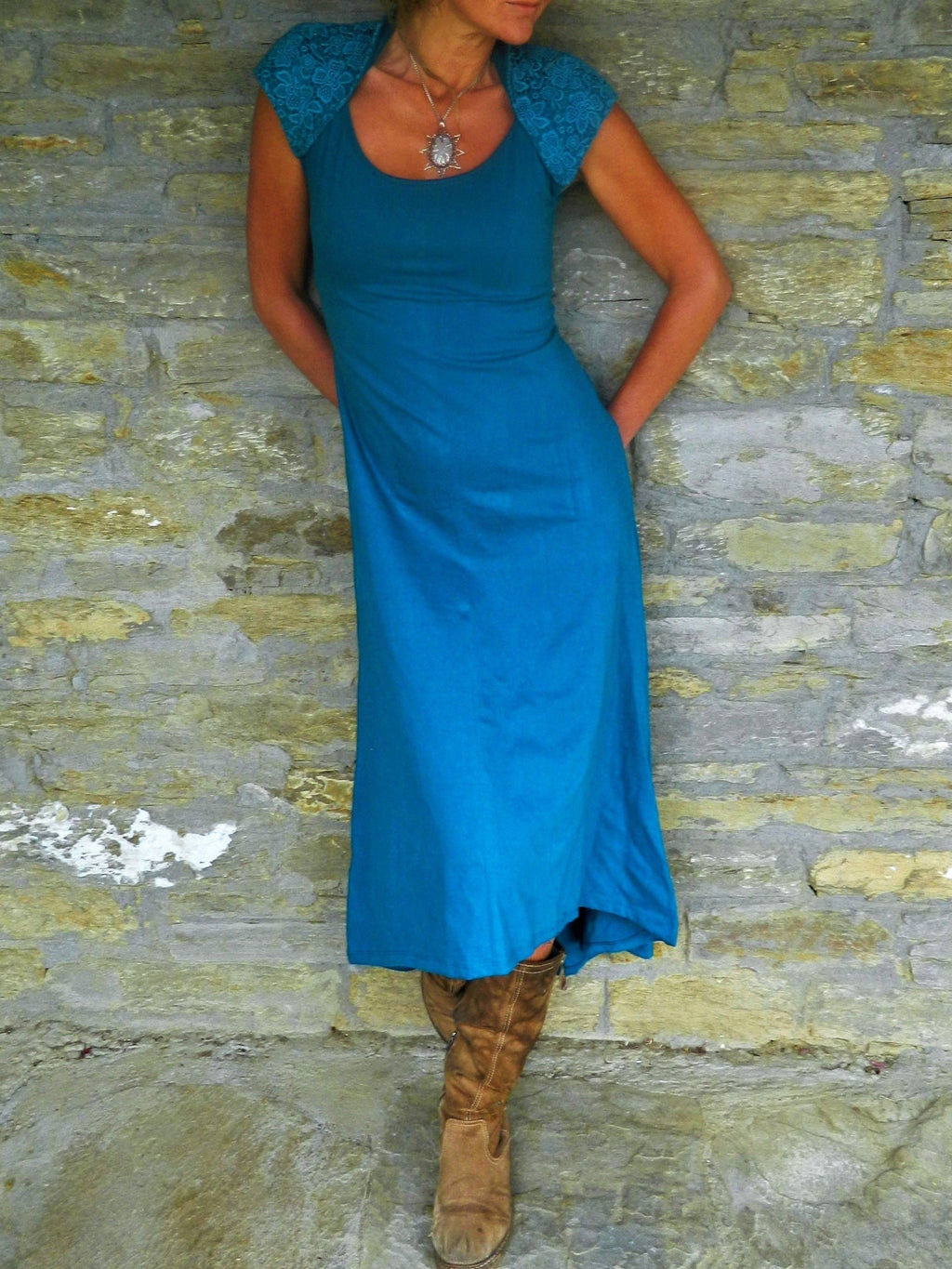 Asymmetric Midi Dress with Cutout Cape and Patchwork Detail
