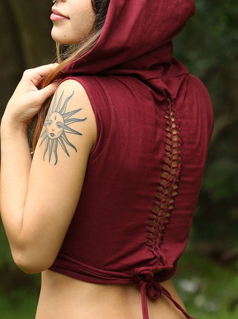 Pixie Hood Wrap Top, Boho Rave Festival Vest, Psytrance Fairy Hippie Crop