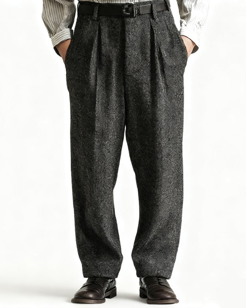 Retro-style Blended Double-pleated Straight-leg Trousers